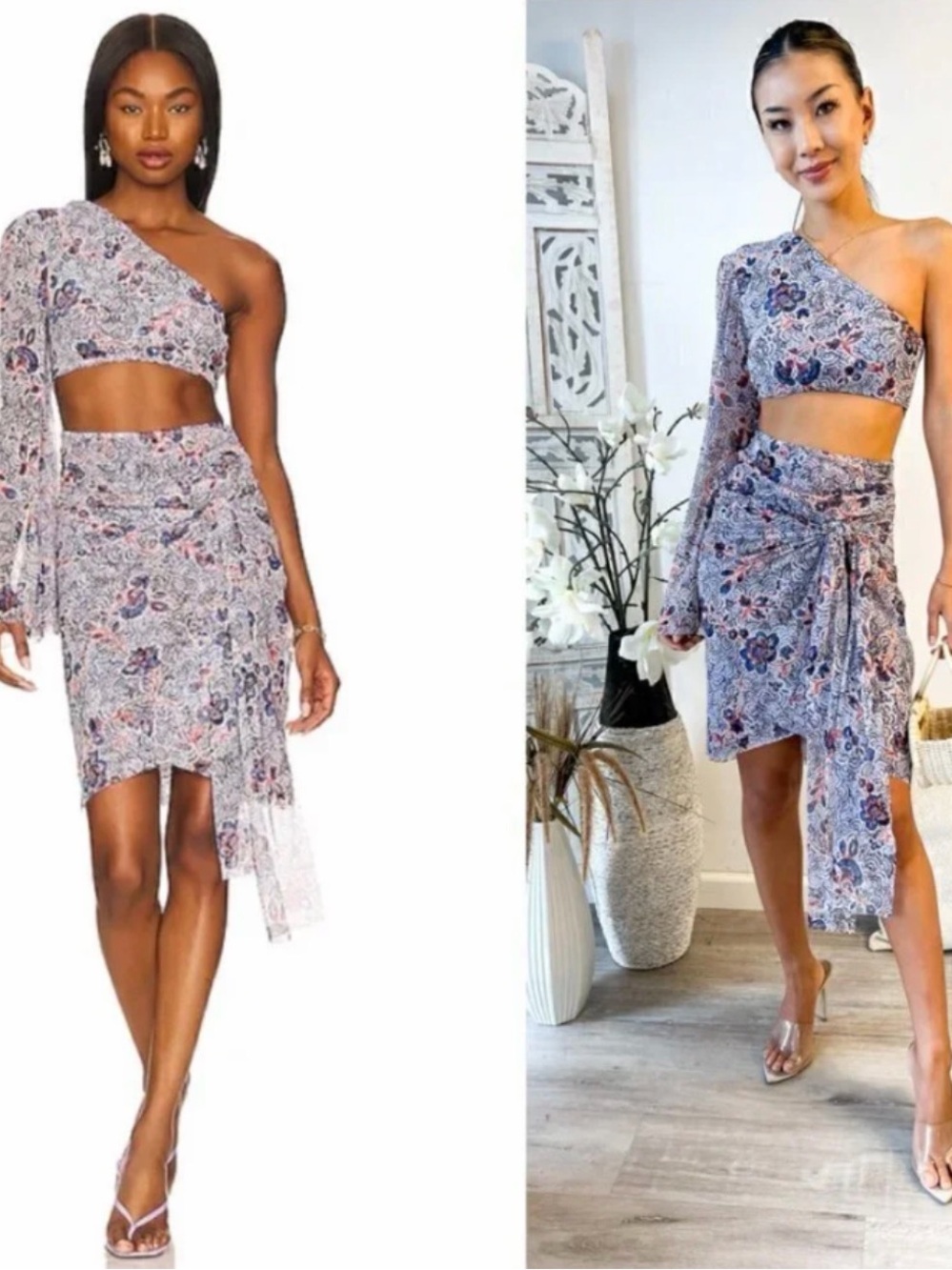 Misa Los Angeles One-Shoulder Floral Print Dress in Blue and Red